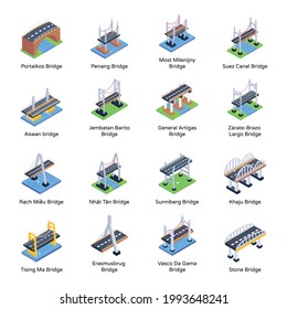 Paquete de famosos puentes Arquitecturas Isometric Icons