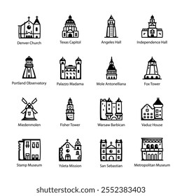 Pack of Famous Monuments Doodle Style Icons 

