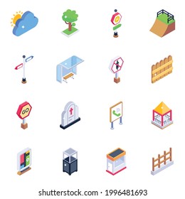 Pack of Fencing and Architecture Isometric Icons 