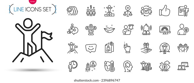 Pack of Fieber, Touchscreen Geste und Mental Conundrum Linie Symbole. Fügen Sie Stress, z. B. Piktogramm-Symbole für Benutzerideen ein. Meeting, Budget Profit, Sieger-Zeichen. Lgbt, Job Interview, Hände waschen. Vektorgrafik