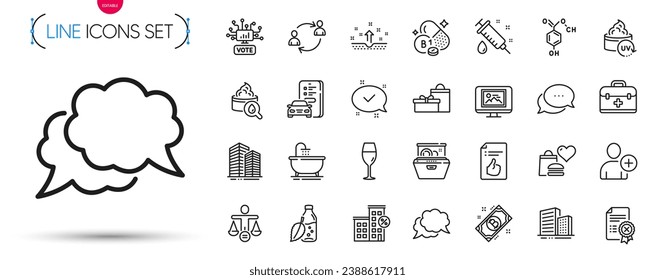 Pack of First aid, Chat message and Buildings line icons. Include Wineglass, Bitcoin, Dots message pictogram icons. Food donation, Chemical formula, Bath signs. Moisturizing cream. Vector