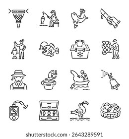 Pack of Fishing Equipment Line Style Icons 

