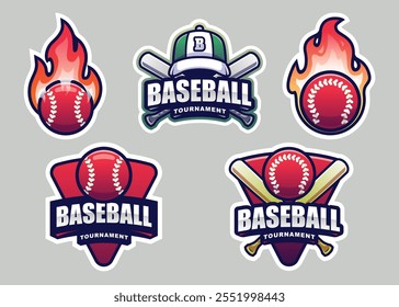 Pack de cinco pegatinas comunitarias de béisbol. Tema de ilustración de deporte y competencia.