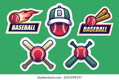 Pacote de cinco adesivos de beisebol. Tema de Ilustração de Competição e Esporte.