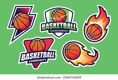 Pack de cinco pegatinas comunitarias de baloncesto. Tema de ilustración de deporte y competencia.