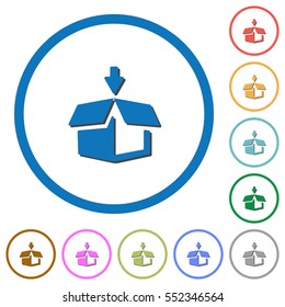 Pack flat color vector icons with shadows in round outlines on white background