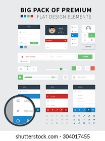 Pack of Flat design ui kit for webdesign / Style flat ui kit design elements set for web design. Flat icons with menu, search bar and social bar. 