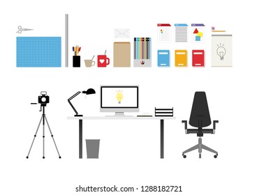 Pack of flat design vector illustrations of office and creative objects: desk, computer, lamp, chair, camera, notebooks, envelopes, sketchbook, pencils, cups of coffee, papers. Fully editable vectors.