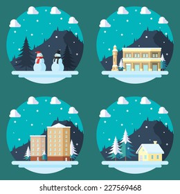 Pack of flat design winter scenes illustration vector 