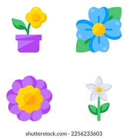 Paquete de flores e iconos planos botánicos

