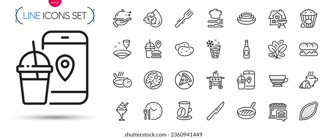 Pack of Food app, Food delivery and Potato line icons. Include Ice cream, Plate, Table knife pictogram icons. Gas grill, Spinach, Recycle water signs. Beer, Mocha, Walnut. Frying pan. Vector