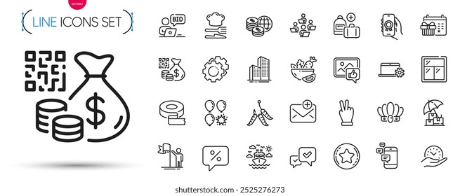 Pacote de comida, dardo de balão e ícones de linha de aprovação. Incluir configurações engrenagens, fita adesiva, World money pictogram ícones. Serviço de notebook, Maggots, sinais de janela. Trabalho em equipe, Viagem de navio. Vetor