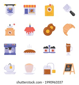Paquete de alimentos y café Iconos planos 