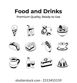 Pack of food and drinks premium quality icons in trendy style