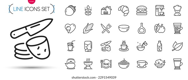 Pack of Food, Ice cream and Cognac bottle line icons. Include Pasta, Food delivery, Croissant pictogram icons. Gluten free, Teapot, Seafood signs. Acorn, Potato chips, Grill. Food outline sign. Vector