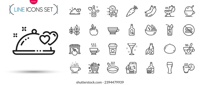 Pack of Food order, Cocktail and Frying pan line icons. Include Alcohol free, Coffee cup, Whiskey glass pictogram icons. Market, Romantic dinner, Ice cream signs. Salad, Coffee break. Vector