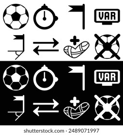 Pack of football, soccer icons white and black: ball, corner, trauma, flag, VAR, time, goal and miss
