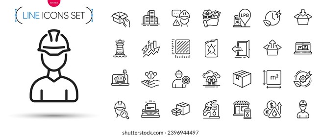Pack of Foreman, Consumption growth and Builder warning line icons. Include Green energy, Lighthouse, Furniture pictogram icons. Engineer, Parcel, Get box signs. Inspect, Packing boxes. Vector