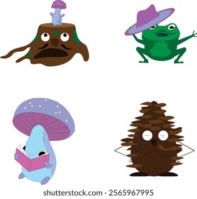 Pack of forest characters illustrations. Mushroom with book, mushroom on stump, frog with hat and a cone. All of them are ungrouped and completely editable