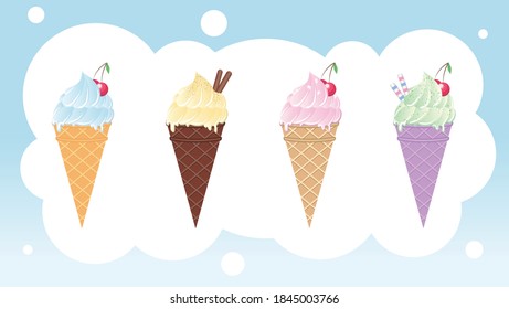 pack of four ice creams with different flavors. Vector illustration in pastel colors, cute flat ice cream set. Delicious set for decorating the menu of cafes and restaurants, sweets to take away