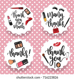 Pack of four make-up thank you stickers. Thank you labels. Thank you cards