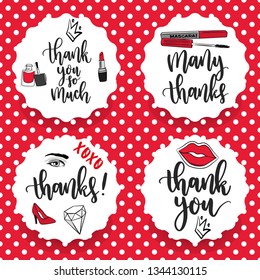 Pack of four make-up thanks stickers. Thank you labels. Thank you cards - Vector