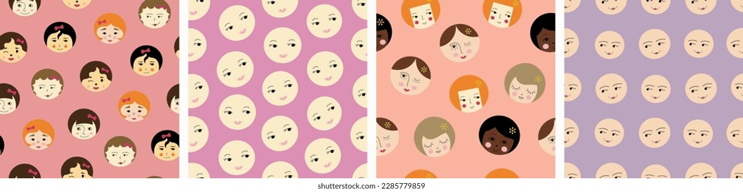 Pack of four patterns, attractive girlish faces. Endless print, girl image, cute creative surface design.
