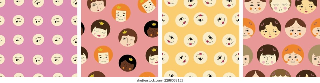 Pack of four patterns, beautiful girlish faces. Cute creative surface design, women guise, endless print
