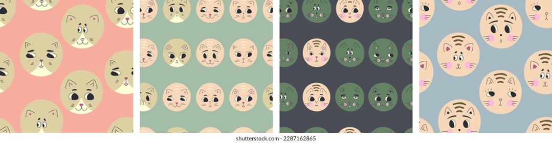Pack of four patterns, black eyes cats. Endless print, feline face, cute creative surface design
