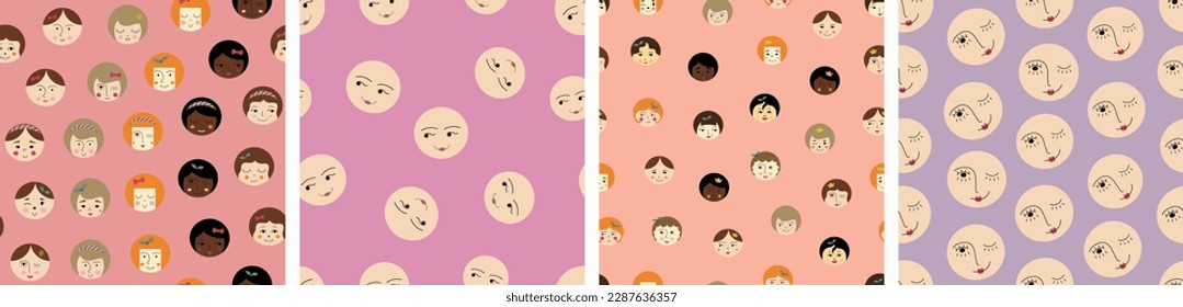 Pack of four patterns, handsome girlish faces. Childish backdrop design, female countenance, simple print for fabric, packaging
