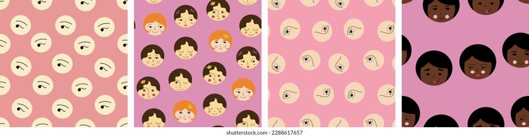 Pack of four patterns, handsome girlish faces. Funny girl visage, women countenance, multipurpose endless print
