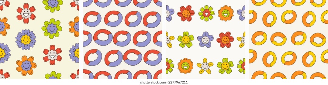 Pack of four patterns, joyous flowers. Endless print, comic floret figure, cute creative surface design
