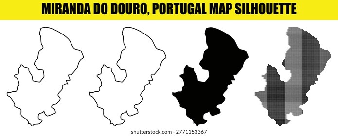 Pack of four silhouette map designs for Miranda do Douro municipality in Portugal. Includes simple outline, contour stroke, filled black shape, and complex black dotted halftone dot grid variants.