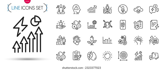 Pack of Freezing, Cloud computing and Growth chart line icons. Include Augmented reality, No microphone, Fake news pictogram icons. Question mark, Chemistry lab, Vitamin a signs. Vector