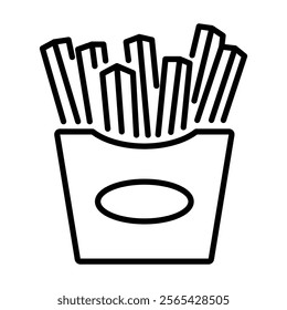 A pack of French fries, representing fast food, casual dining, and popular snacks round line vector icon with editable stroke 