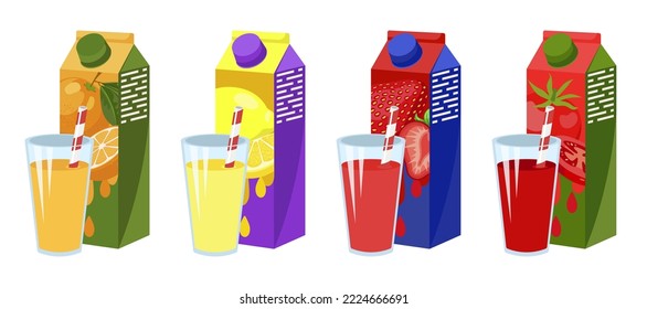 Pack of fruit juice and glasses with lemonade vector set. Cartoon illustrations of carton boxes with fruit juice and glasses filled with lemonade isolated on white background. Drink, beverage concept.
