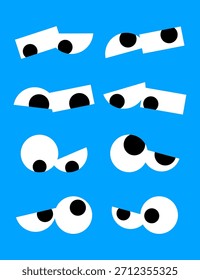 Paquete de divertidos ojos de dibujos animados con media tapa que muestran expresiones cansadas, aburridas o sospechosas sobre fondo azul