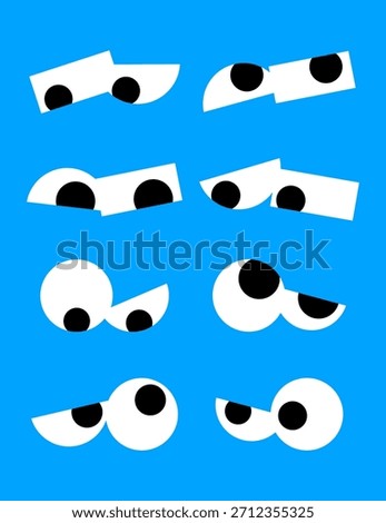 Pack of funny half lidded cartoon eyes showing tired bored or suspicious expressions on blue background