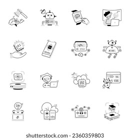 Pack of Futuristic Technology Doodle Icons 

