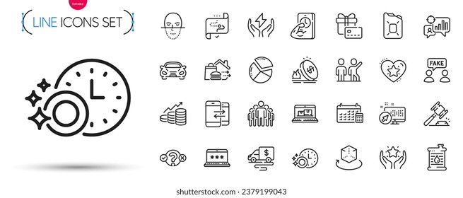 Pack of Gas price, Target path and Dishwasher timer line icons. Include Laptop password, Face recognition, Gift card pictogram icons. Food delivery, Ranking star, Web system signs. Vector