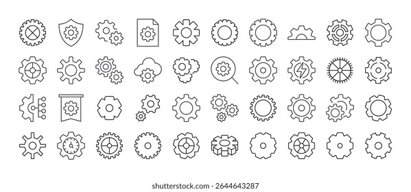 Pacote de engrenagem e Cogwheel ícones de linha relacionados. Outline Signs para Gráficos e Web Design, Apps, Anúncios, Vários Cartões 