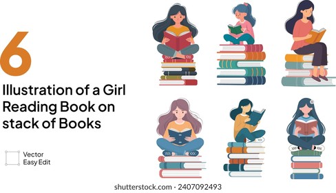 Pack of A girl Reading Book While sitting on the stack of books