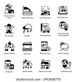 Pack of Global Energy and Climate Change Glyph Icons 