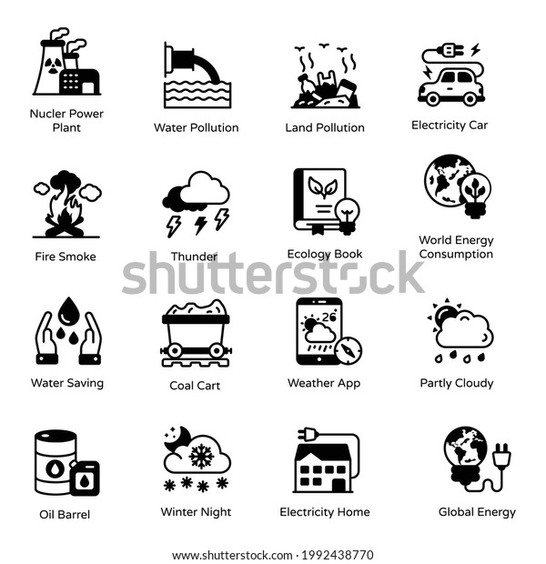 Pack of\
Global Energy and Climate Change Glyph Icons\
