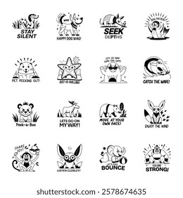 Pack of Glyph Style Animal Typography Stickers 
