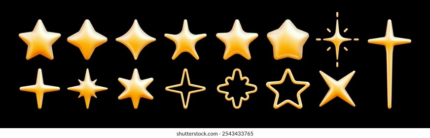 Pack of golden 3D stars. Cartoon realistic yellow plastic star, with four, five and six rays, magical sparkling lighting, for feedback and rank. Vector collection