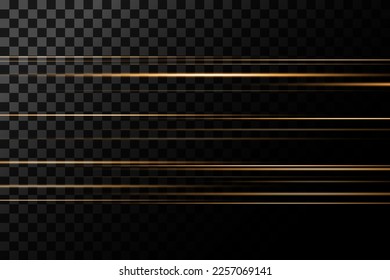 Pack of golden bright horizontal highlights, rays, lines on a transparent background. Laser beams, horizontal light beams.	


