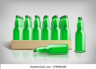 pack of green beer bottles with reflection 