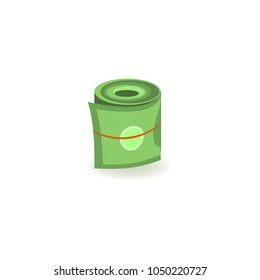 Pack of green dollar paper banknotes rolled up with rubber isolated on white background - isometric bill money currency element for finance and banking theme banner or card. Vector illustration.
