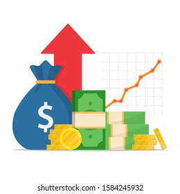 a pack of green dollars and a stack of gold coins, a bag of money in the background a red arrow up. increase in mutual funds income, statistical report, business productivity increase.